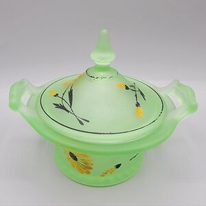 Vtg Green Satin Glass Apothecary Style Candy Dish Hand Painted Black-Eyed Susans